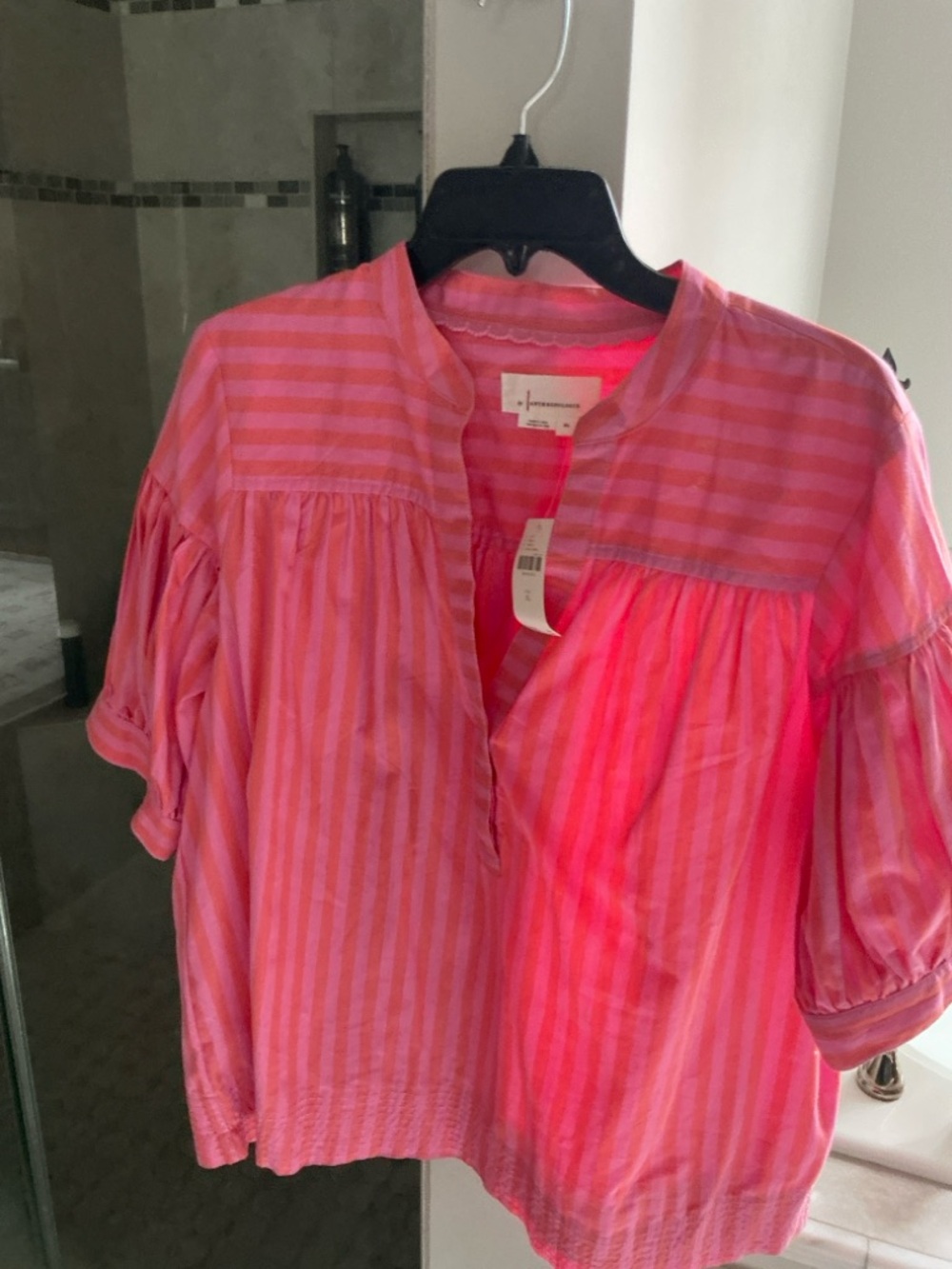 Anthropologie Pink Striped Short-Sleeve Peasant Blouse